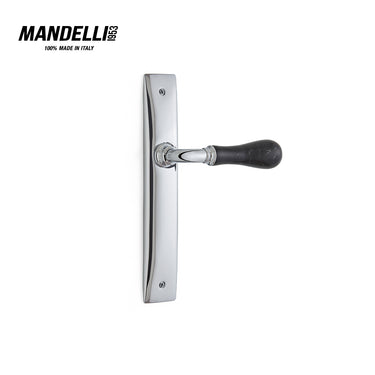 Mandelli 8010 Naxos door handle on back plate in polished chrome/black Marquinia, exemplifying sleek design and luxurious appeal.