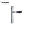Mandelli 8010 Naxos door handle on back plate in polished chrome/black Marquinia, exemplifying sleek design and luxurious appeal.