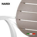 Referencing Palma Bianco Tortora 1.jpg, an angled view of the Nardi Palma armchair shows its white frame and tortora (taupe) slatted seat and backrest against a white background. Palma Bianco Tortora 2.jpg displays a rear-angled view of the chair, highlighting the rounded, slatted backrest and the 'Made in Italy' graphic. Palma Bianco Tortora 3.jpg provides a close-up of the textured tortora slats on the backrest and where they meet the white armrest frame. Palma Bianco Tortora.jpg shows a straight-on front