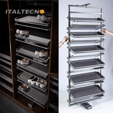 Referencing REVOLVING SHOE RACK .jpg, a split image shows the grey multi-layer rotating shoe rack installed in a dark wardrobe on the left, and being manually rotated by hands on a white background on the right. REVOLVING SHOE RACK 1.jpg displays the rack angled outward in a dark wood closet, showing high heels and flats stored on its staggered leather-lined shelves. REVOLVING SHOE RACK 2.jpg gives a slim side-profile view of the revolving rack inside the wardrobe. REVOLVING SHOE RACK 3.jpg provides a close