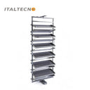 Referencing REVOLVING SHOE RACK .jpg, a split image shows the grey multi-layer rotating shoe rack installed in a dark wardrobe on the left, and being manually rotated by hands on a white background on the right. REVOLVING SHOE RACK 1.jpg displays the rack angled outward in a dark wood closet, showing high heels and flats stored on its staggered leather-lined shelves. REVOLVING SHOE RACK 2.jpg gives a slim side-profile view of the revolving rack inside the wardrobe. REVOLVING SHOE RACK 3.jpg provides a close