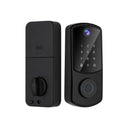 Italtecno S0-D10 smart deadbolt in matt black, showing the exterior keypad with top camera and fingerprint scanner, and the interior panel with a manual turn knob.