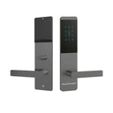 Khas Triumph S0101 card access smart door lock in grey, featuring a digital keypad, RFID reader, and sleek lever handle.