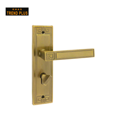 Khas Trend Plus S02 Door Handle Set in Antique Brass finish, featuring an elegant geometric design with a classic brass look.
