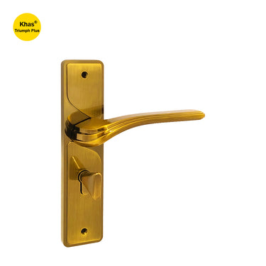 Khas Triumph Plus S1228H1622 door handle set in an Antique Brass (AE) finish with a curved design and intricate detailing.