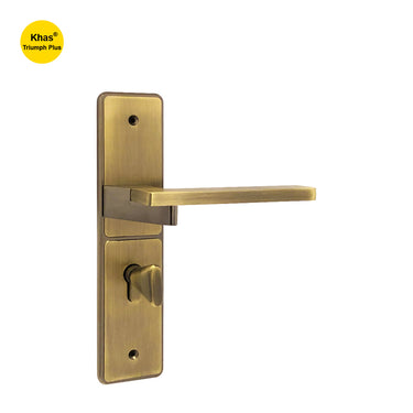 Khas Triumph Plus S1243H1577 door handle set in matt antique brass and antique brass finish, featuring a square handle and sleek plate design.