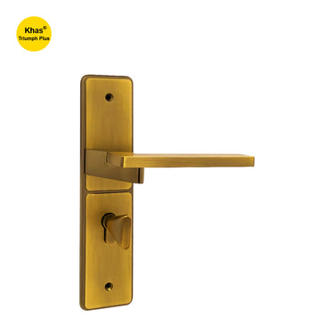 Khas Triumph Plus S1243H1577 door handle set in matt antique and antique brass finish, featuring a square handle and smooth plate design.