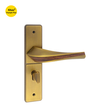 Khas Triumph Plus S1243H1717 door handle set in MAE with wood finish, featuring a natural wooden grip and solid brass plate.