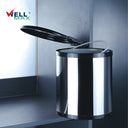 Wellmax SLG001-8L wall-mounted waste bin featuring a polished stainless steel body, black plastic flip-top lid, and an 8-liter capacity.