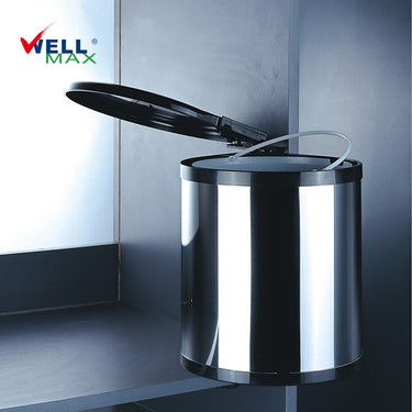 Wellmax SLG009-14L wall-mounted waste bin featuring a polished stainless steel body, black plastic flip-top lid, and a 14-liter capacity.