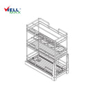 Referencing Spice rack drawer baskets for kitchen cabinet PTJ023D 1.jpg, a detailed schematic line drawing illustrates the three-tier wire basket structure and sliding track mechanism. Additionally, Spice rack drawer baskets for kitchen cabinet PTJ023D.jpg displays the gleaming chrome organizer pulled out from a white base cabinet, fully stocked with spices, vinegar, water bottles, and ceramic bowls.