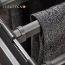 Referencing image 58, a detailed cross-section graphic highlights the internal mechanisms of the silent damping guide rail. Image 59 provides a close-up of the grey movable anti-slip trouser rods secured with ABS buckles, holding dark fabric. Image 60 shows a macro view of the secure ABS buckle attachment mechanism holding the textured bar. Image 61 displays the empty pull-out frame featuring numerous adjustable trouser rods. Image 62 demonstrates the rack fully installed in a dark wood cabinet, with two pa
