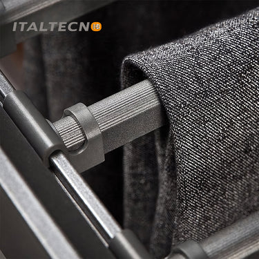 Referencing image 58, a detailed cross-section graphic highlights the internal mechanisms of the silent damping guide rail. Image 59 provides a close-up of the grey movable anti-slip trouser rods secured with ABS buckles, holding dark fabric. Image 60 shows a macro view of the secure ABS buckle attachment mechanism holding the textured bar. Image 61 displays the empty pull-out frame featuring numerous adjustable trouser rods. Image 62 demonstrates the rack fully installed in a dark wood cabinet, with two pa