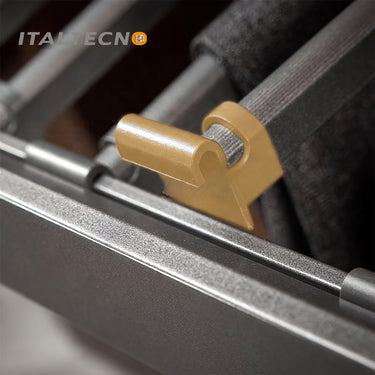 Referencing image 58, a detailed cross-section graphic highlights the internal mechanisms of the silent damping guide rail. Image 59 provides a close-up of the grey movable anti-slip trouser rods secured with ABS buckles, holding dark fabric. Image 60 shows a macro view of the secure ABS buckle attachment mechanism holding the textured bar. Image 61 displays the empty pull-out frame featuring numerous adjustable trouser rods. Image 62 demonstrates the rack fully installed in a dark wood cabinet, with two pa