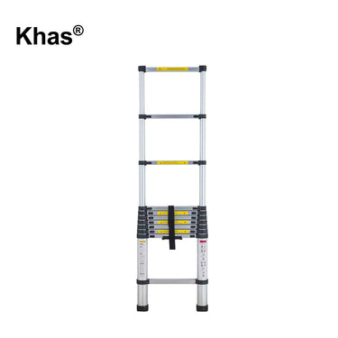 Referencing Telescopic Ladder 1.jpg, a man climbs the extended aluminum telescopic ladder to reach the upper trim of a brick house. Telescopic Ladder 2.jpg displays detailed close-up callouts highlighting the ladder's securing strap, safety catch mechanism, grip handle, and strengthening footboard. Telescopic Ladder.jpg shows the ladder partially extended, standing upright against a plain white background.