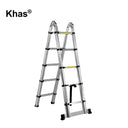 Referencing image 52, the Khas aluminum two-way telescopic ladder stands independently in its A-frame configuration against a white background. Image 53 provides detailed close-up callouts highlighting the ladder's hinge and release rod, slip-resistant rung, slide latch, stabilizer bar, and non-slip bottom cap. Image 54 shows a man standing on the ladder outdoors on a patio, using its sturdy A-frame setup to reach and inspect the roof trim.