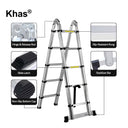 Referencing image 52, the Khas aluminum two-way telescopic ladder stands independently in its A-frame configuration against a white background. Image 53 provides detailed close-up callouts highlighting the ladder's hinge and release rod, slip-resistant rung, slide latch, stabilizer bar, and non-slip bottom cap. Image 54 shows a man standing on the ladder outdoors on a patio, using its sturdy A-frame setup to reach and inspect the roof trim.
