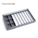 Referencing Trousers Rack & jewelry box 1.jpg, a detailed cross-section graphic highlights the internal mechanisms of the silent damping guide rail. Trousers Rack & jewelry box 2.jpg provides a close-up of the grey movable anti-slip trouser rods secured with ABS buckles, holding dark fabric. Trousers Rack & jewelry box 3.jpg shows a close-up of the jewelry box section, organizing bracelets, a watch, and perfume bottles within its grey compartments. Trousers Rack & jewelry box 4.jpg displays the empty pull-