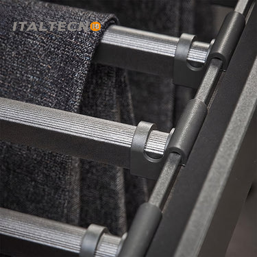 "Referencing Trousers Rack & jewelry box 1.jpg, a detailed cross-section graphic highlights the internal mechanisms of the silent damping guide rail. Trousers Rack & jewelry box 2.jpg provides a close-up of the grey movable anti-slip trouser rods secured with ABS buckles, holding dark fabric. Trousers Rack & jewelry box 3.jpg shows a close-up of the jewelry box section, organizing bracelets, a watch, and perfume bottles within its grey compartments. Trousers Rack & jewelry box 4.jpg displays the empty pull-