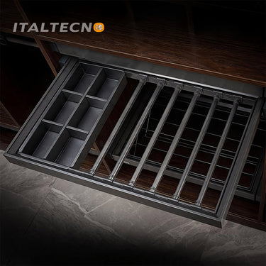 "Referencing Trousers Rack & jewelry box 1.jpg, a detailed cross-section graphic highlights the internal mechanisms of the silent damping guide rail. Trousers Rack & jewelry box 2.jpg provides a close-up of the grey movable anti-slip trouser rods secured with ABS buckles, holding dark fabric. Trousers Rack & jewelry box 3.jpg shows a close-up of the jewelry box section, organizing bracelets, a watch, and perfume bottles within its grey compartments. Trousers Rack & jewelry box 4.jpg displays the empty pull-