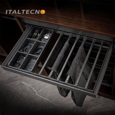 "Referencing Trousers Rack & jewelry box 1.jpg, a detailed cross-section graphic highlights the internal mechanisms of the silent damping guide rail. Trousers Rack & jewelry box 2.jpg provides a close-up of the grey movable anti-slip trouser rods secured with ABS buckles, holding dark fabric. Trousers Rack & jewelry box 3.jpg shows a close-up of the jewelry box section, organizing bracelets, a watch, and perfume bottles within its grey compartments. Trousers Rack & jewelry box 4.jpg displays the empty pull-