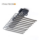 Referencing V Shape pants rack 1.jpg, a grey top-mounted L-shape pants rack is pulled out in a dark wardrobe, holding a pair of dark grey trousers. V Shape pants rack 2.jpg shows a close-up of the cold-rolled steel hooks and the soft cylinder flocking sponge tubes. V Shape pants rack 3.jpg provides a macro view of the textured non-slip flocking sponge tubes with metal end caps. V Shape pants rack 4.jpg illustrates the internal damping buffer guide rail mechanism for smooth sliding. V Shape pants rack 5.jpg 
