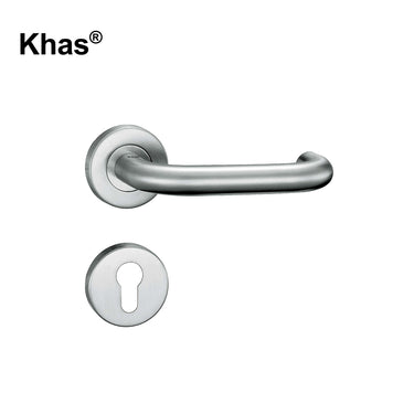 Khas WY-101 door handle set in an SS finish, featuring a curved SS304 stainless steel lever on a round rosette above a matching keyhole escutcheon.